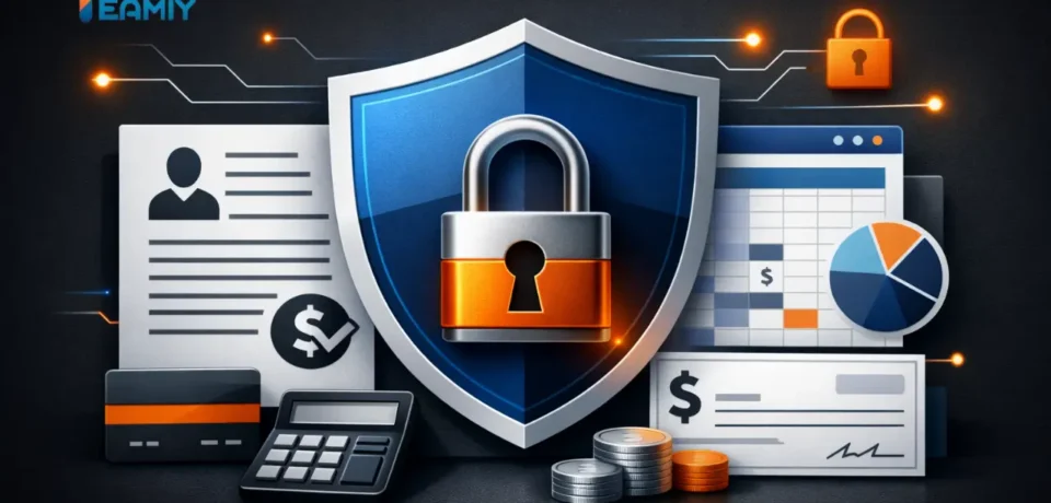 Illustration showing secure payroll data protection, encryption, and payroll security systems safeguarding employee information